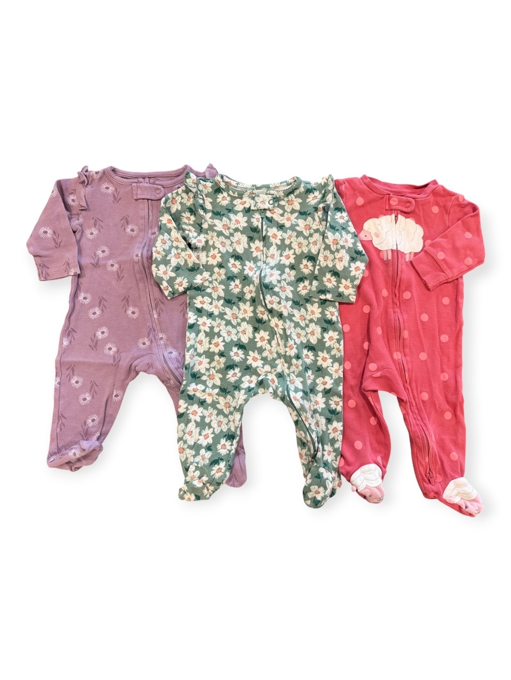 Carter's 3-Pack Baby Girl Footed Pajamas Size 6 Months, Floral and Dot Prints
